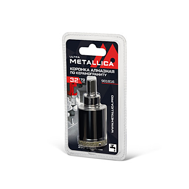 Коронка алмазная METALLICA Ultra  32х70 мм, #46, с сверлом, по керамограниту, плитке, в блистере.