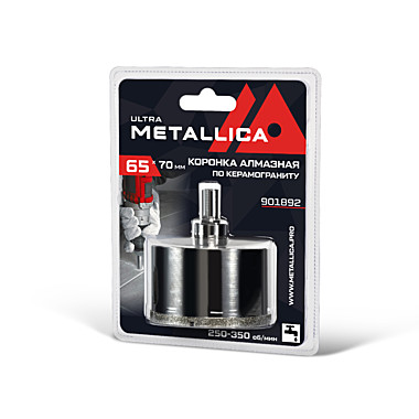 Коронка алмазная METALLICA Ultra  65х70 мм, #46, с сверлом, по керамограниту, плитке, в блистере.